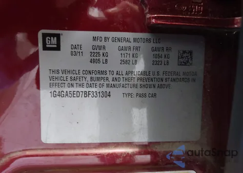 2011 Buick Lacrosse Cx из США, поврежденный, VIN 1G4GA5ED7BF331304